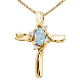 Certified 14K Yellow Gold Aquamarine and Diamond Cross Pendant 0.29 CTW