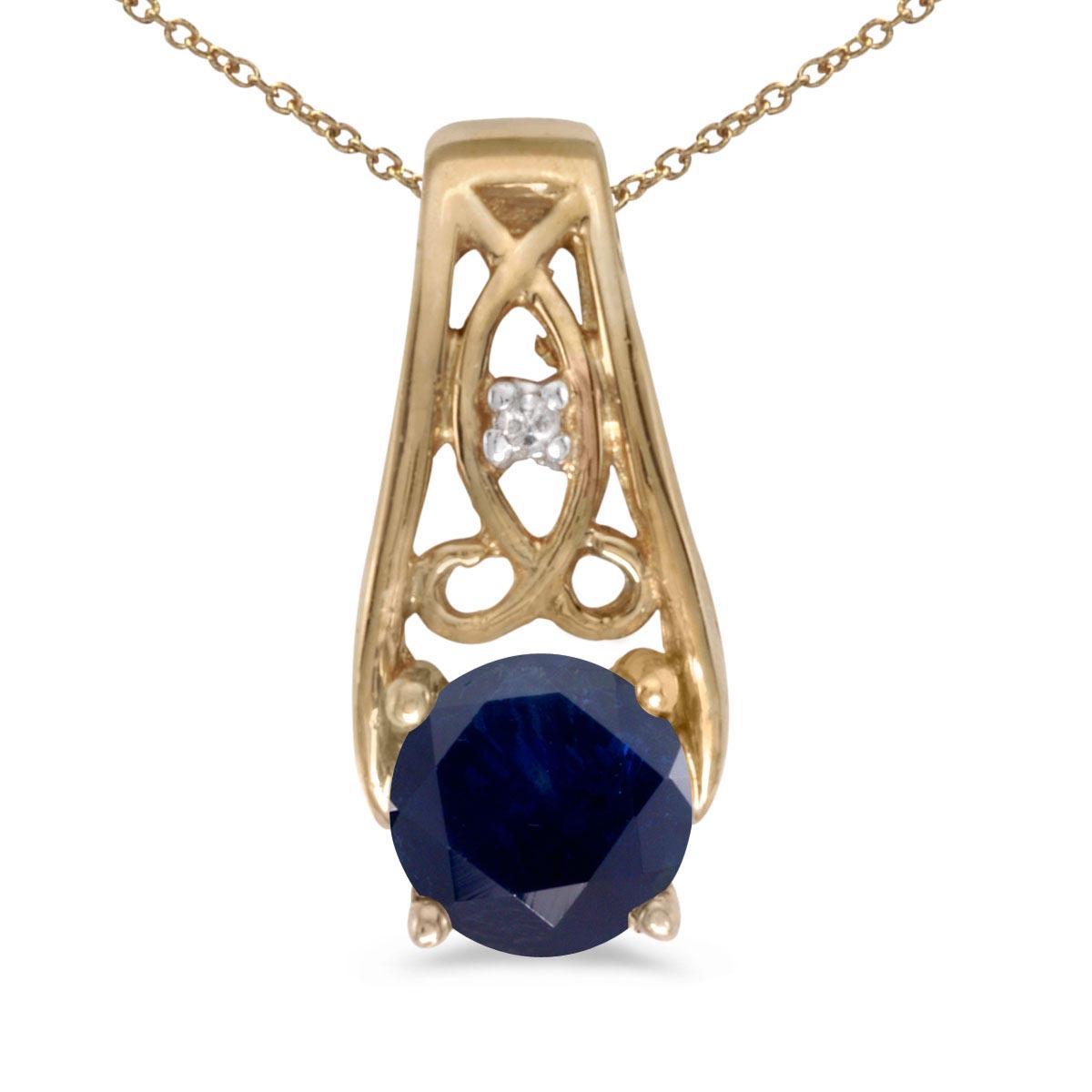 Certified 14k Yellow Gold Round Sapphire And Diamond Pendant