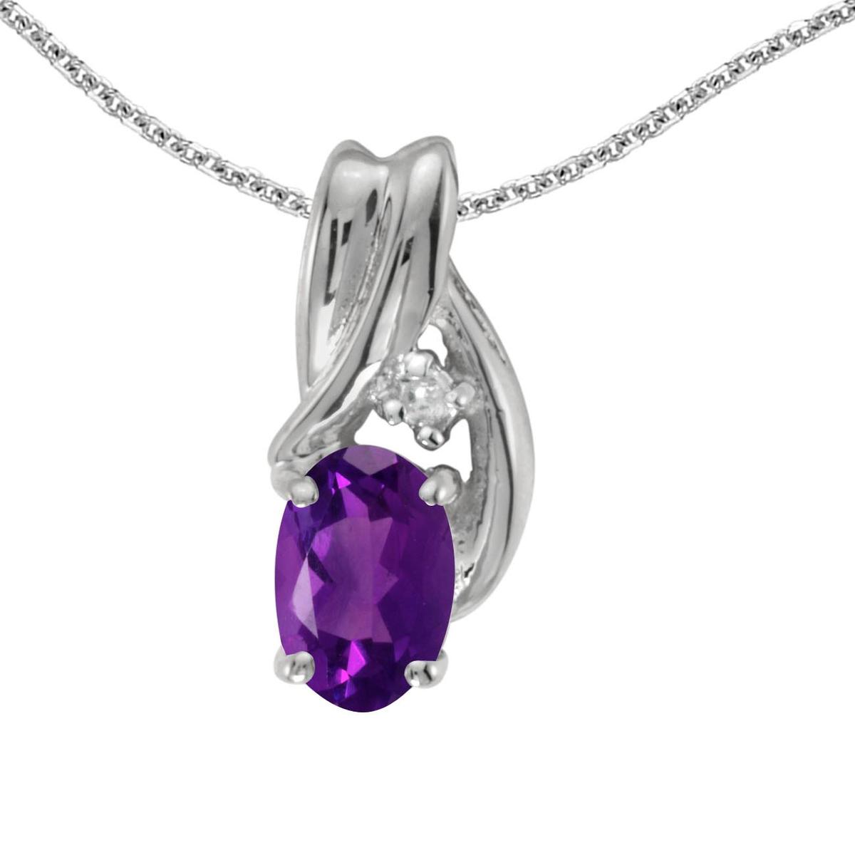 Certified 14k White Gold Oval Amethyst And Diamond Pendant