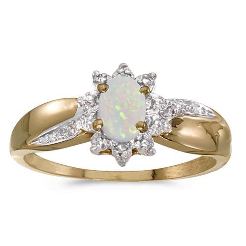 Certified 10k Yellow Gold Oval Opal And Diamond Ring