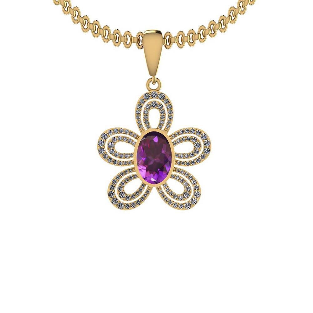 Certified 8.47 Ctw I2/I3 Amethyst And Diamond Style Prong & Bezel Set 14K Yellow Gold Pendant