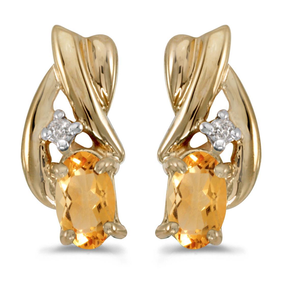 Certified 10k Yellow Gold Oval Citrine And Diamond Earrings 0.32 CTW