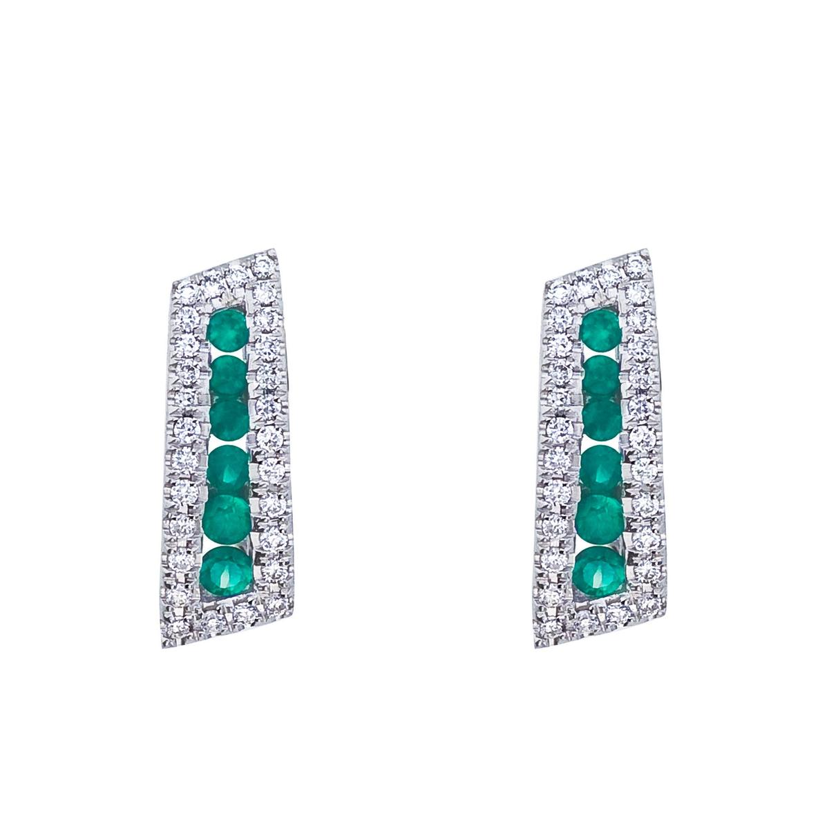 Certified 14k White Gold Emerald and Diamond Euro Back Earring 0.46 CTW