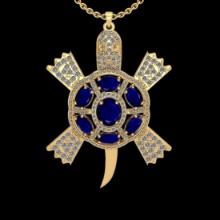 5.91 Ctw VS/SI1 Blue Sapphire And Diamond 14K Yellow Gold Tortoise Turtle Pendant Necklace (ALL DIAM