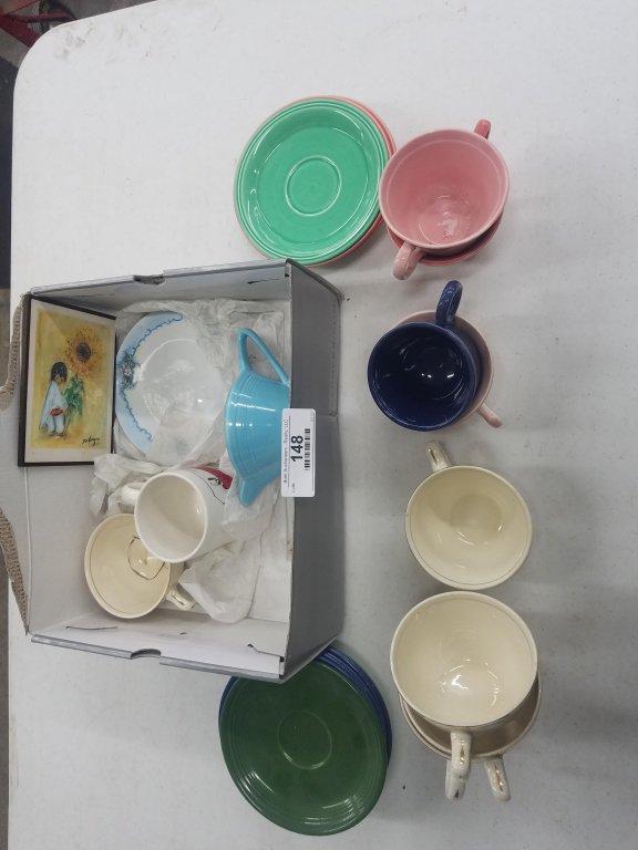 box of Fiesta ware & china cups & saucers