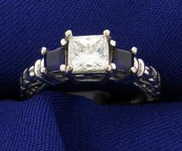 1 Carat Princess Cut "leo" Diamond Ring With Sapphires In 14k White Gold