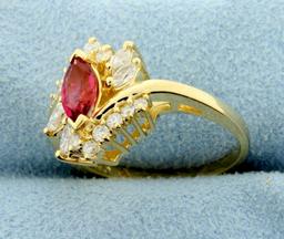 Natural Rubellite Garnet And Diamond Ring In 14k Yellow Gold