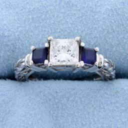 1 Carat Princess Cut "leo" Diamond Engagement Ring With Sapphires In 14k White Gold