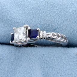 1 Carat Princess Cut "leo" Diamond Engagement Ring With Sapphires In 14k White Gold