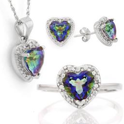 Heart Cut Ocean Mystic Topaz And Diamond Ring Earring And Necklace Set In Sterling Silver