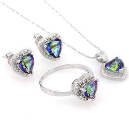 Heart Cut Ocean Mystic Topaz And Diamond Ring Earring And Necklace Set In Sterling Silver