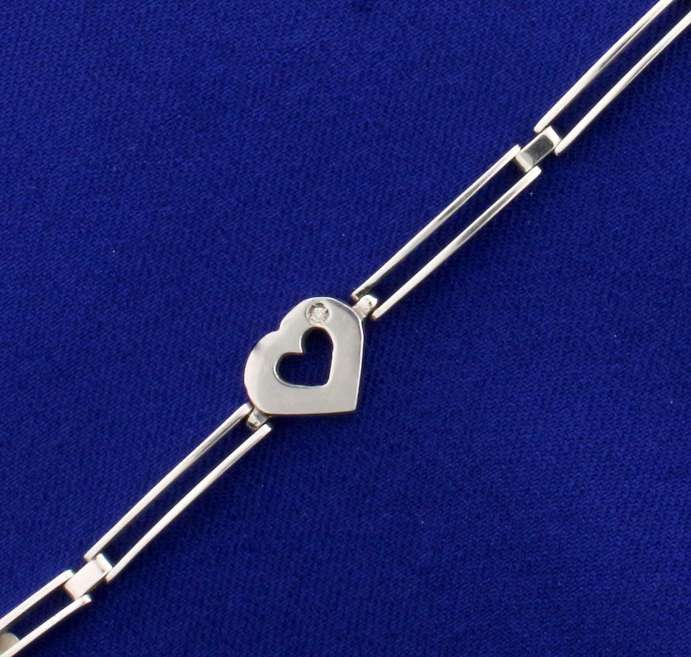 Italian Made Diamond Heart Bracelet In 14k White Gold