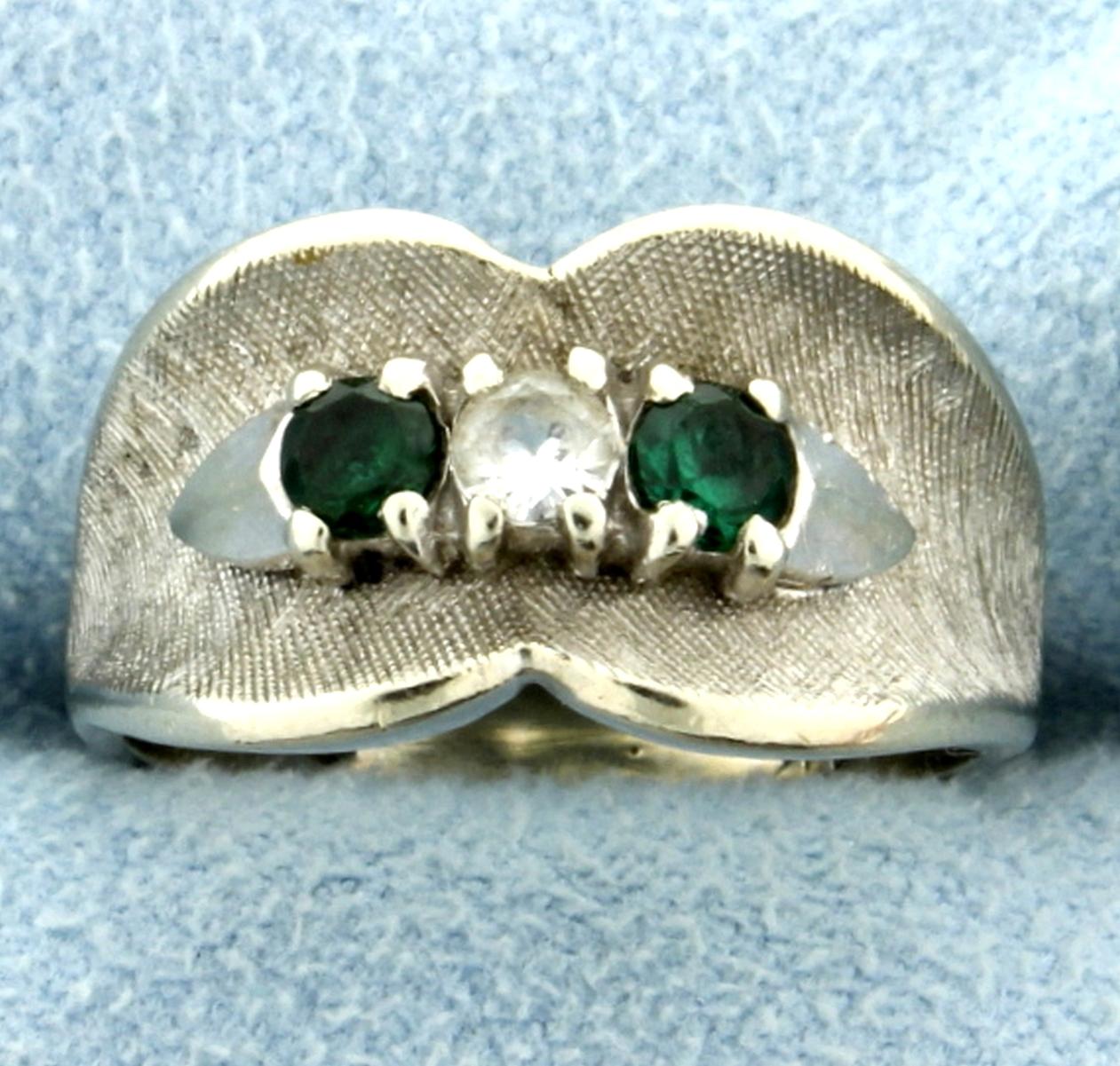 White Sapphire And Green Tsavorite Garnet Ring In 14k White Gold