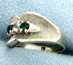 White Sapphire And Green Tsavorite Garnet Ring In 14k White Gold