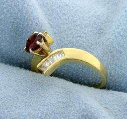 Garnet And Baguette Diamond Bypass Ring In 18k Yellow Gold