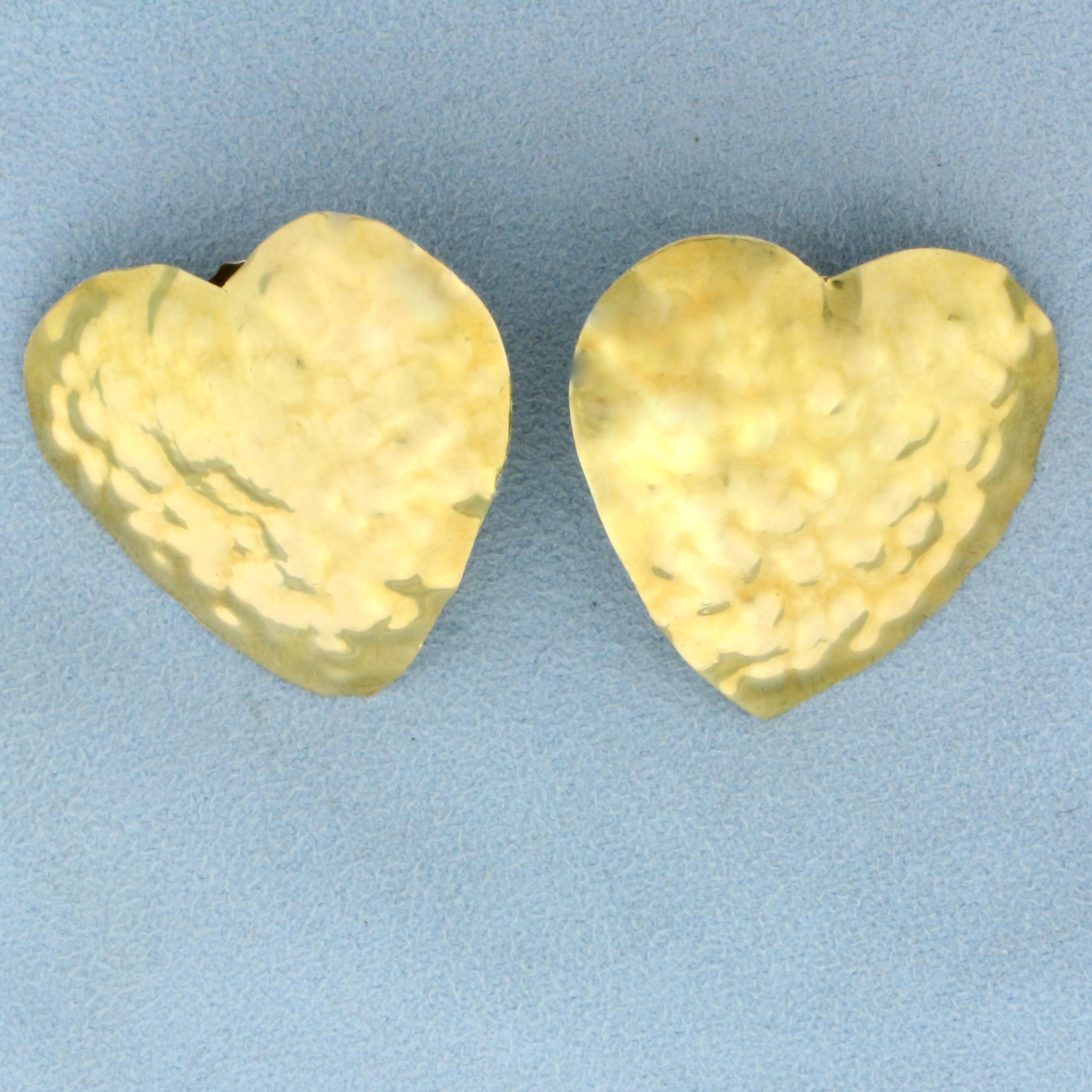 Hand Crafted Hammered Design Heart Statement Earrings In 18k Yellow Gold