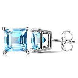 6mm Square Step Cut Natural Sky Blue Topaz Stud Earrings In Sterling Silver