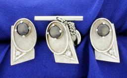 Diamond And Star Sapphire Cuff Links, Tie Tack, And Tuxedo Stud Set In 14k White Gold