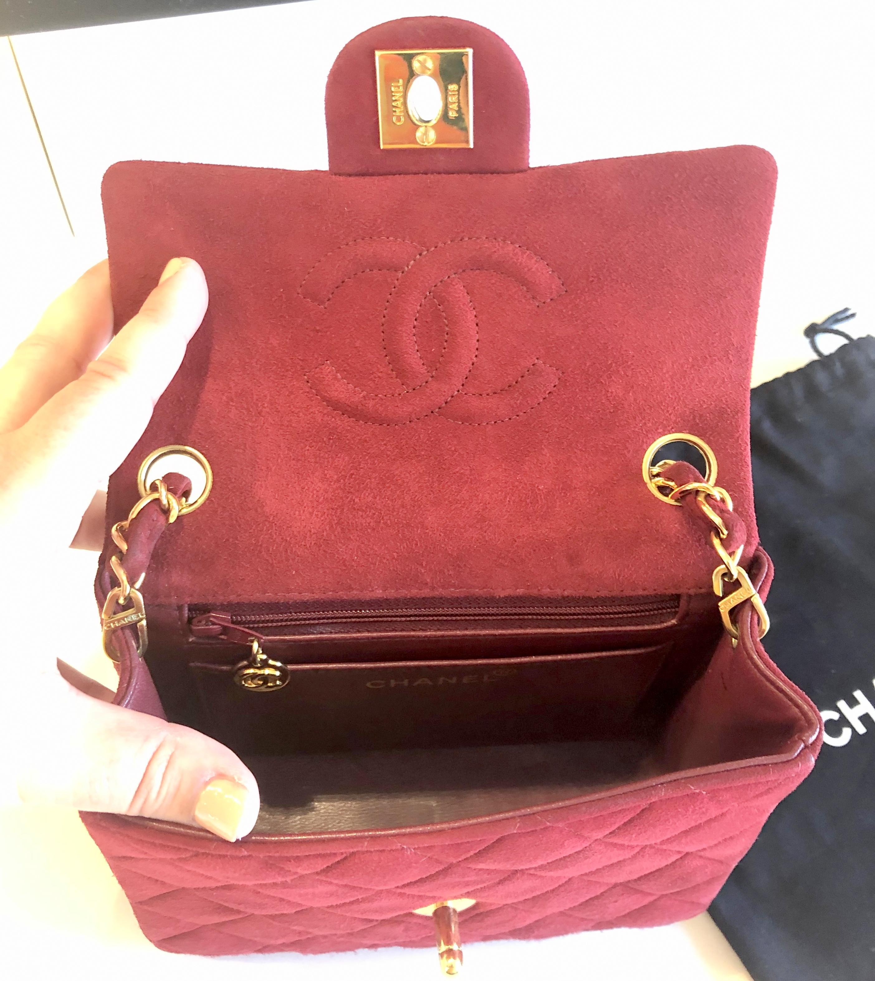 Genuine Chanel Mini Red Suede Classic Square Flap Bag Rare