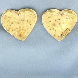 Hand Crafted Hammered Design Heart Statement Earrings In 18k Yellow Gold