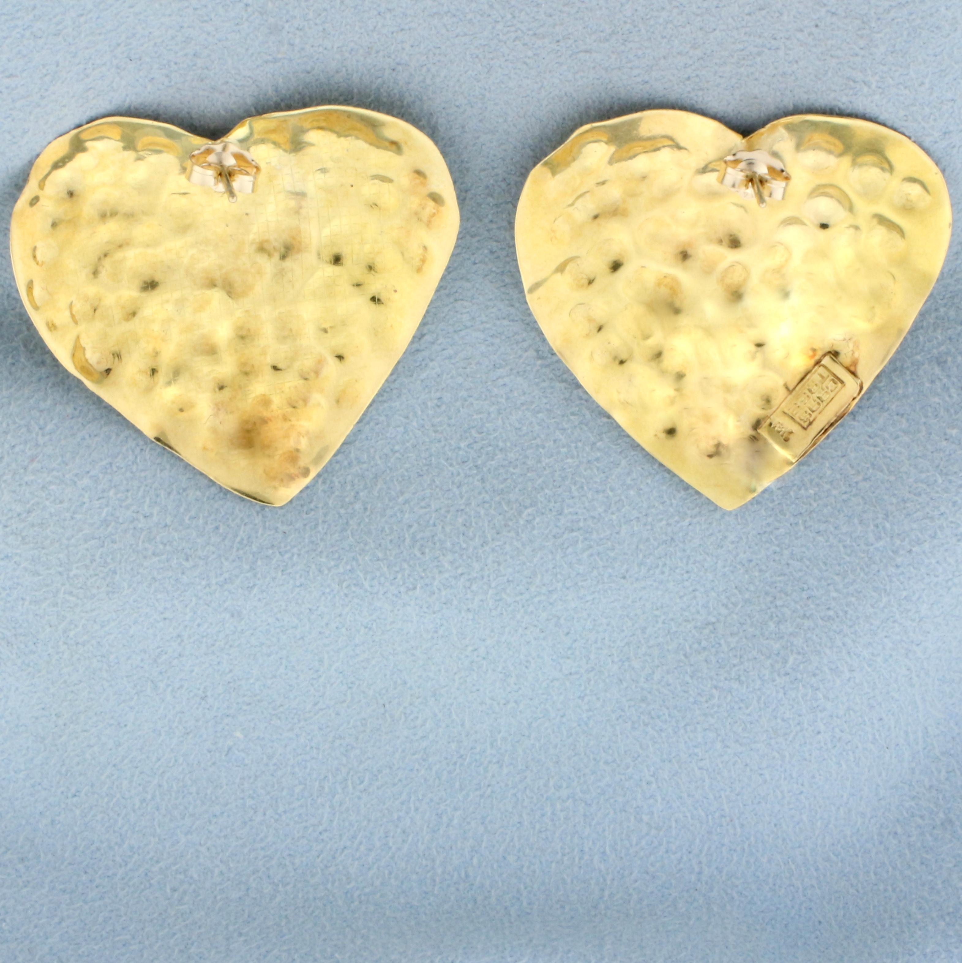 Hand Crafted Hammered Design Heart Statement Earrings In 18k Yellow Gold