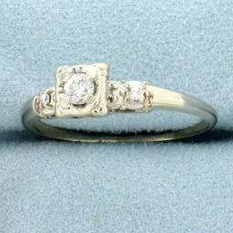 Antique Three Stone European Cut Diamond Engagement Ring In 14k White Gold