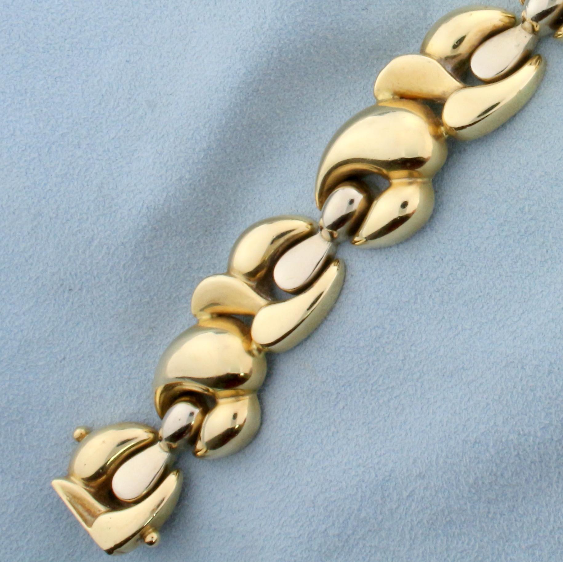 Two Tone Italian Made Designer Link Statement Bracelet In 14k Yellow And White Gold