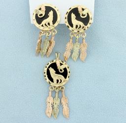 Native American Dream Catcher Dangle Pendant & Earrings Set In 10k Gold