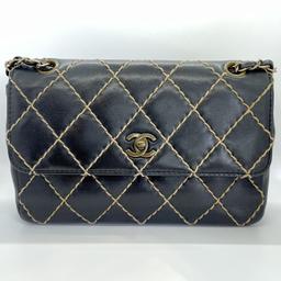 Authentic Chanel Shoulder Bag Wild Stitch Classic Single Flap Medium Black