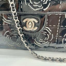 Authentic Chanel 3-way Flap Bag Black Patent Camellia East West