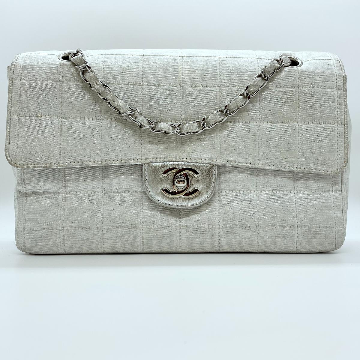 Authentic Chanel Bag Silver And White Logo Fabric Classic Flap