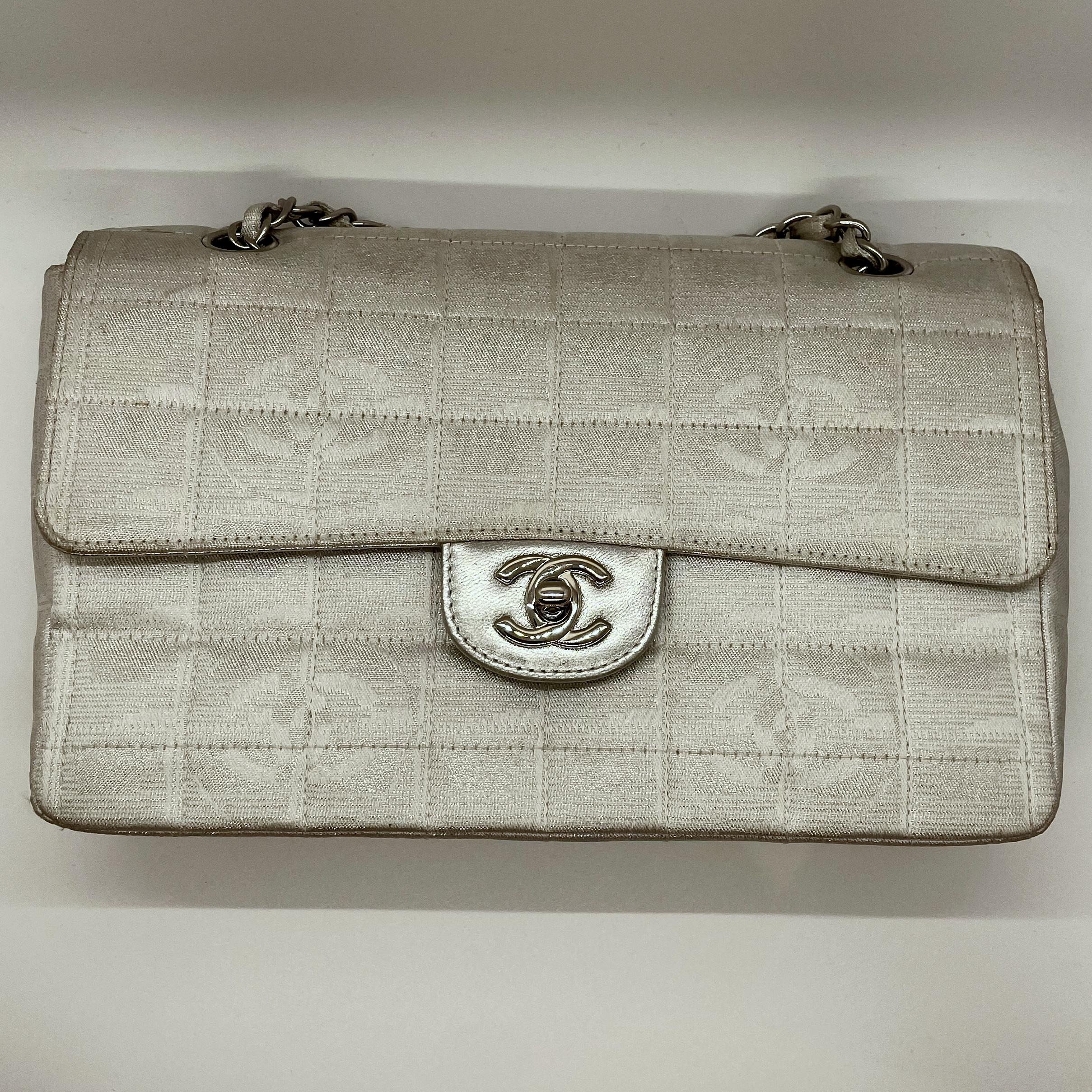 Authentic Chanel Bag Silver And White Logo Fabric Classic Flap