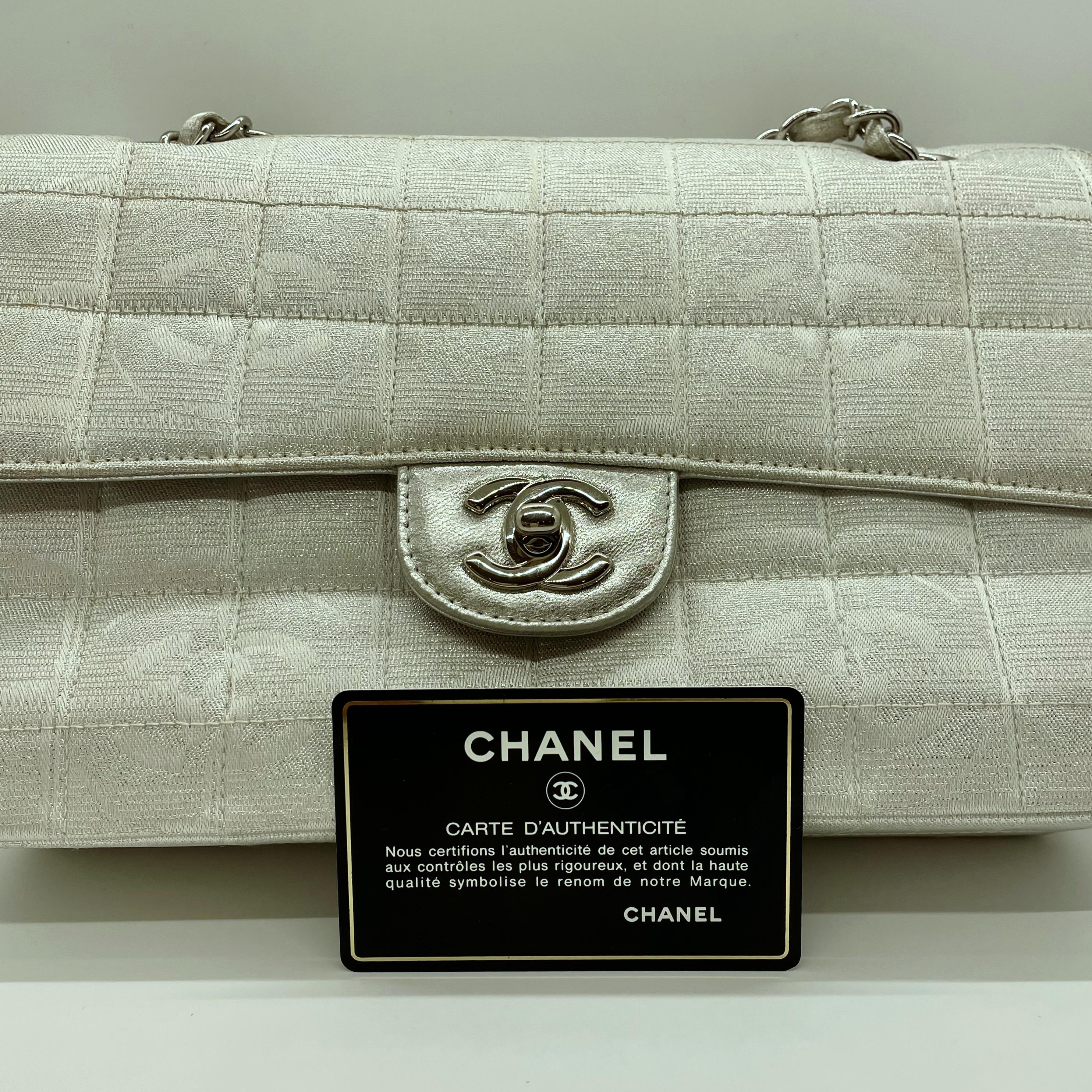 Authentic Chanel Bag Silver And White Logo Fabric Classic Flap