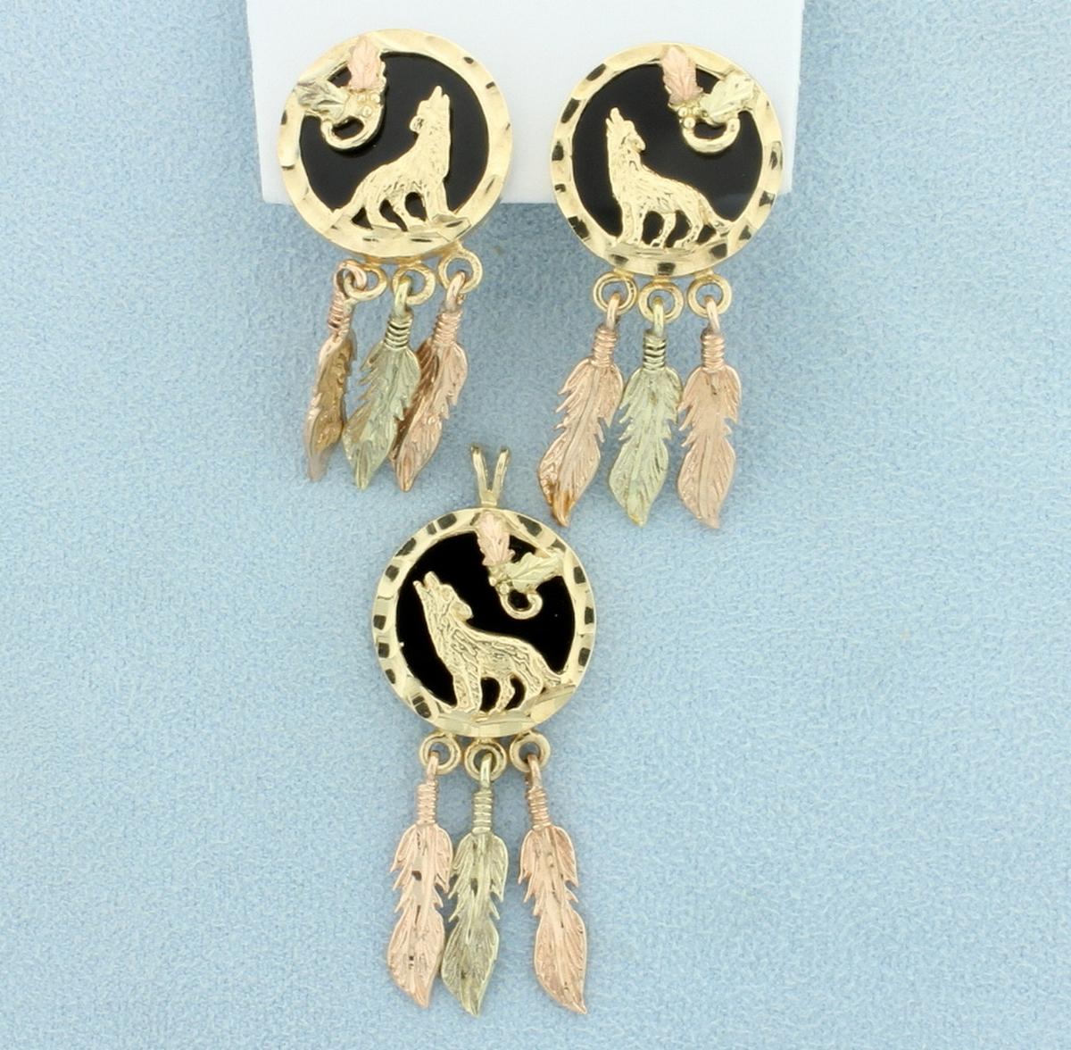 Native American Dream Catcher Dangle Pendant & Earrings Set In 10k Gold