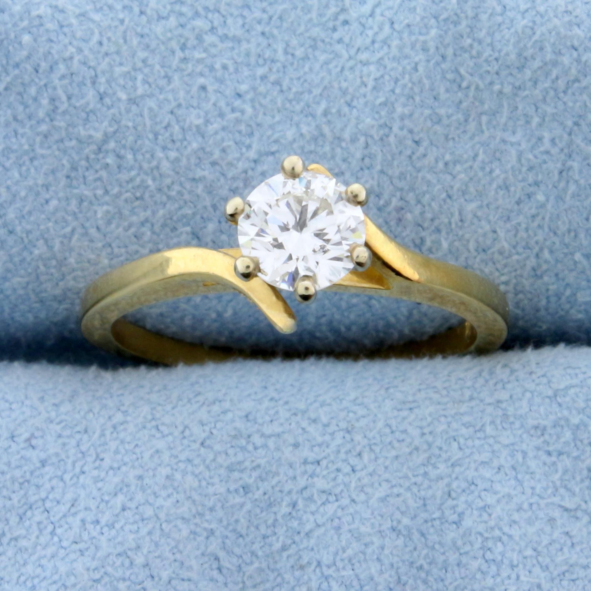 Over 1/2ct Diamond Solitaire Engagement Ring In 14k Yellow Gold Bypass Setting