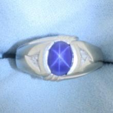 Mens Star Sapphire And Diamond Ring In 10k White Gold