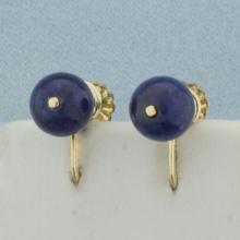Vintage Lapis Lazuli Ball Bead Screw On Earrings In 14k Yellow Gold