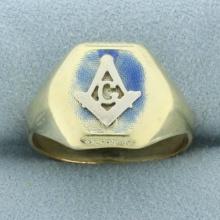Vintage Mens Blue Enamel Masonic Ring In 14k Yellow Gold