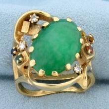 Vintage Jade, Ruby, Sapphire, Emerald, And Diamond Statement Ring In 14k Yellow Gold