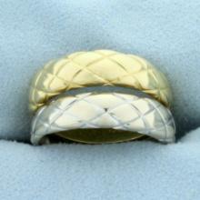 Two Quilted Design Band Stacking Rings In 18k White And Yellow Gold