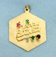 Happy Birthday Pendant With Ruby, Emerald, And Sapphire In 14k Yellow Gold