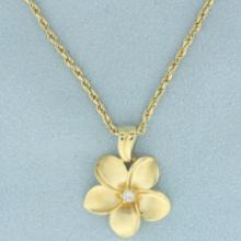 Hawaiian Plumeria Flower Diamond Necklace In 14k Yellow Gold