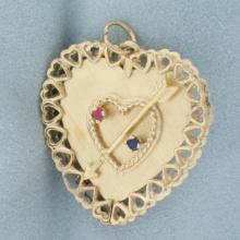 Ruby And Sapphire Heart Cupid's Arrow Pendant Or Charm In 14 Yellow Gold