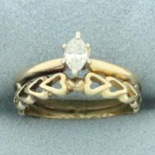 Marquise Solitaire Diamond Engagement Ring And Heart Band Ring In 14k Yellow Gold