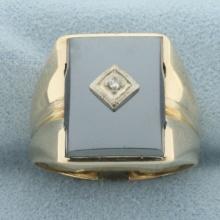 Mens Hematite And Diamond Signet Ring In 10k Yellow Gold