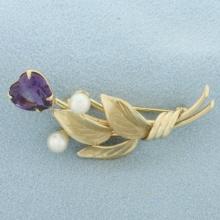 Designer Harry S. Bick Hsb Amethyst And Pearl Flower Pin Brooch In 14k Yellow Gold