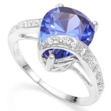 Over 7 Carat Lab Tanzanite & Diamond Ring In Platinum Over Sterling Silver
