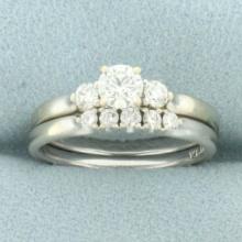 Diamond 3-stone Engagement Ring And Matching Wedding Band Bridal Set In 14k White Gold