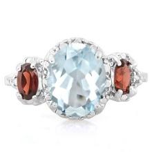Aquamarine, Garnet, & Diamond Ring In Sterling Silver