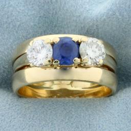 Three Stone Sapphire And Diamond Engagement Or Anniversary Ring In 14k Yellow Gold